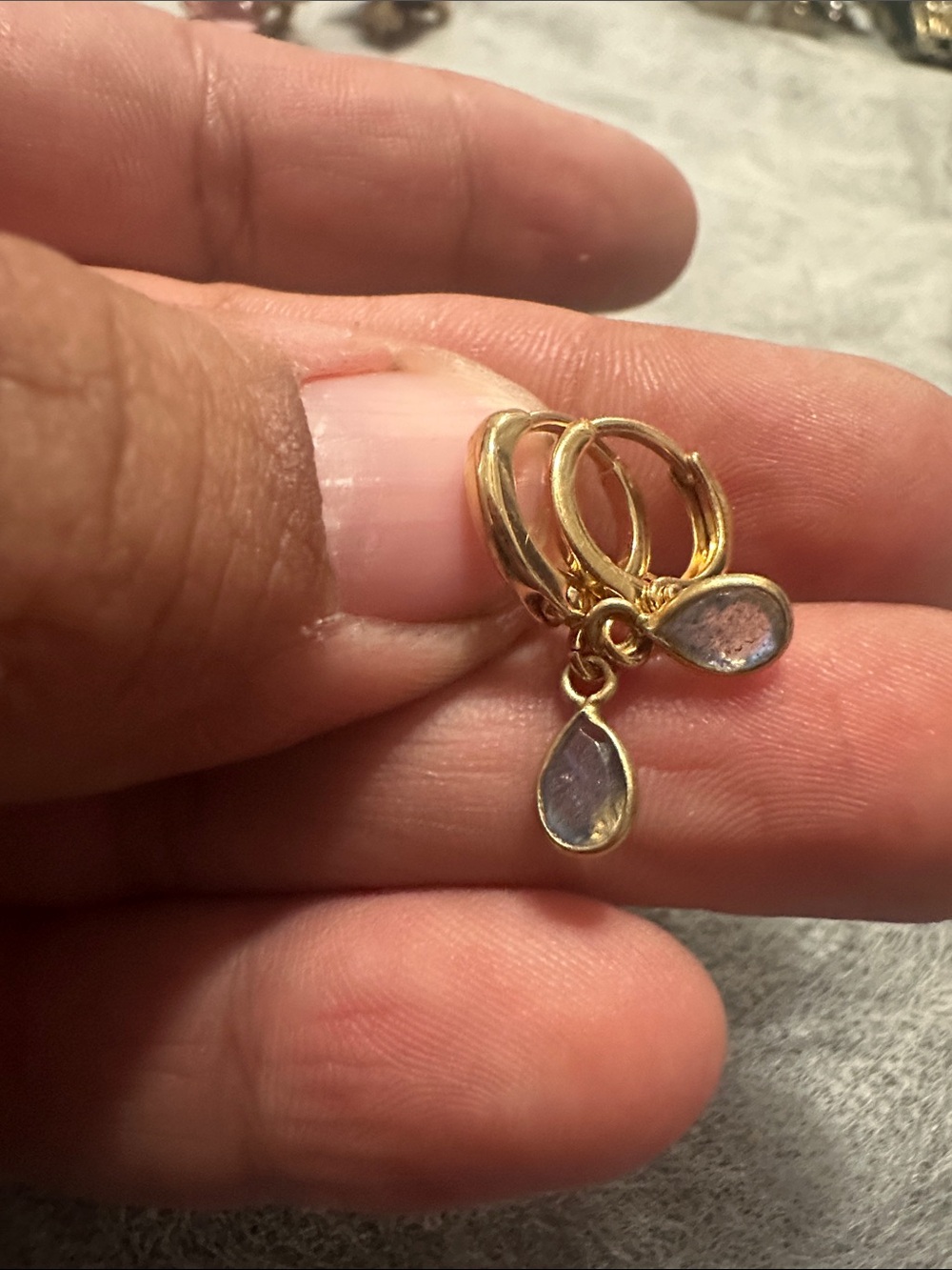 Gold Teardrop Hoop Earrings with Purple Stone Charm